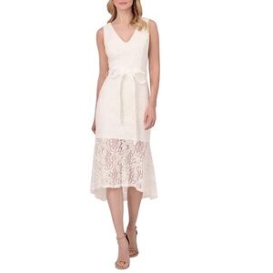 Adrianna Papell Lace Flounce Dress White V Neck Floral Sleeveless Size 16